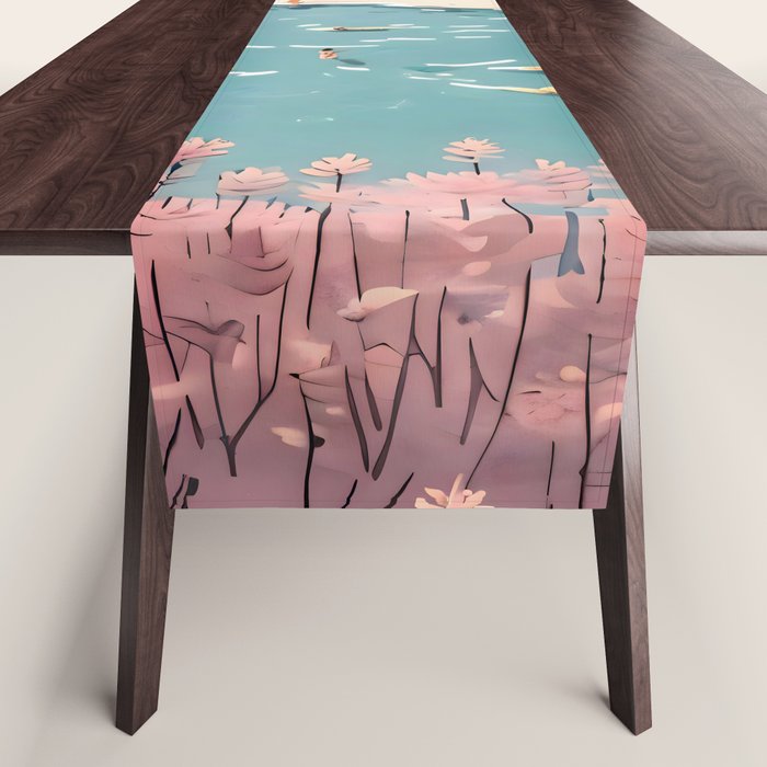 Last Summer, Beach Vibes Tropical Nature Landscape, Pastel Subdued Painting Scenic Travel, People Swim Surf Waves Illustration Table Runner