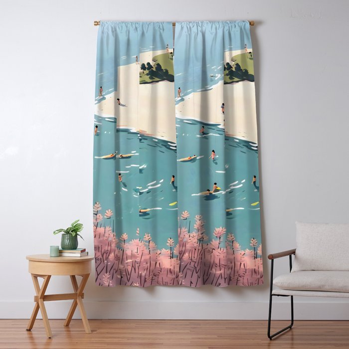 Last Summer, Beach Vibes Tropical Nature Landscape, Pastel Subdued Painting Scenic Travel, People Swim Surf Waves Illustration Window Curtain Gallery Image 1