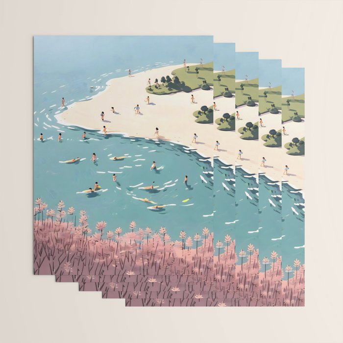 Last Summer, Beach Vibes Tropical Nature Landscape, Pastel Subdued Painting Scenic Travel, People Swim Surf Waves Illustration Wrapping Paper Gallery Image 3
