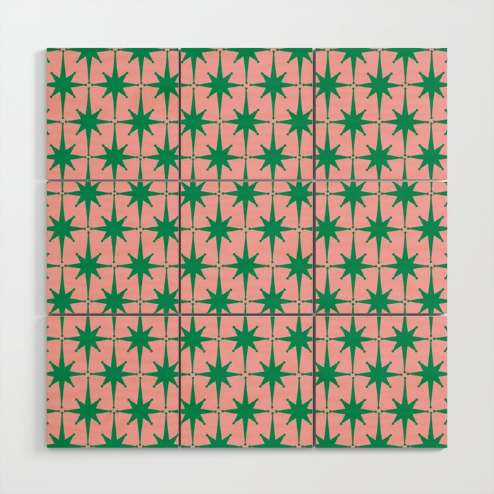 Midcentury Modern Atomic Age Starburst Pattern in Christmas Green and Pink Wood Wall Art Gallery Image 1