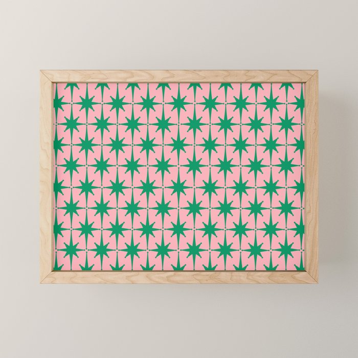 Midcentury Modern Atomic Age Starburst Pattern in Christmas Green and Pink Mini Art Print Gallery Image 1