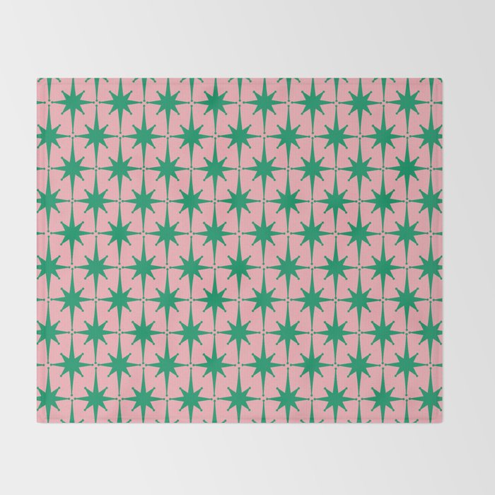 Midcentury Modern Atomic Age Starburst Pattern in Christmas Green and Pink Throw Blanket Gallery Image 2