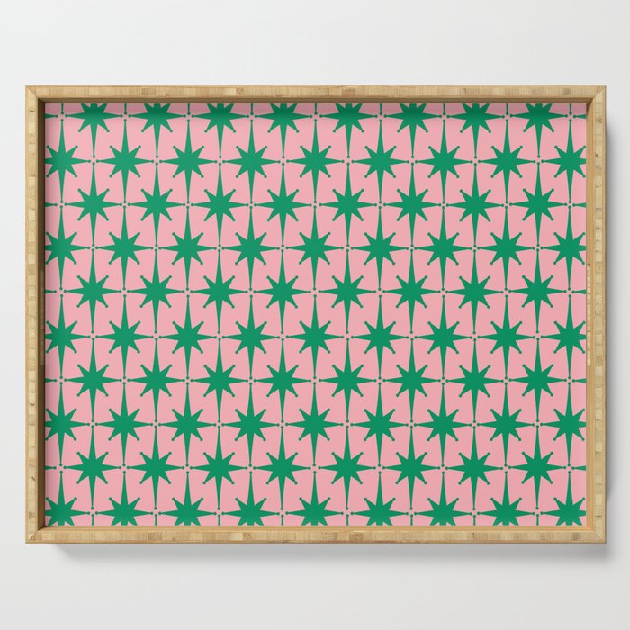 Midcentury Modern Atomic Age Starburst Pattern in Christmas Green and Pink Serving Tray Gallery Image 1