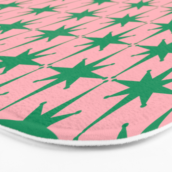 Midcentury Modern Atomic Age Starburst Pattern in Christmas Green and Pink Bath Mat Gallery Image 3
