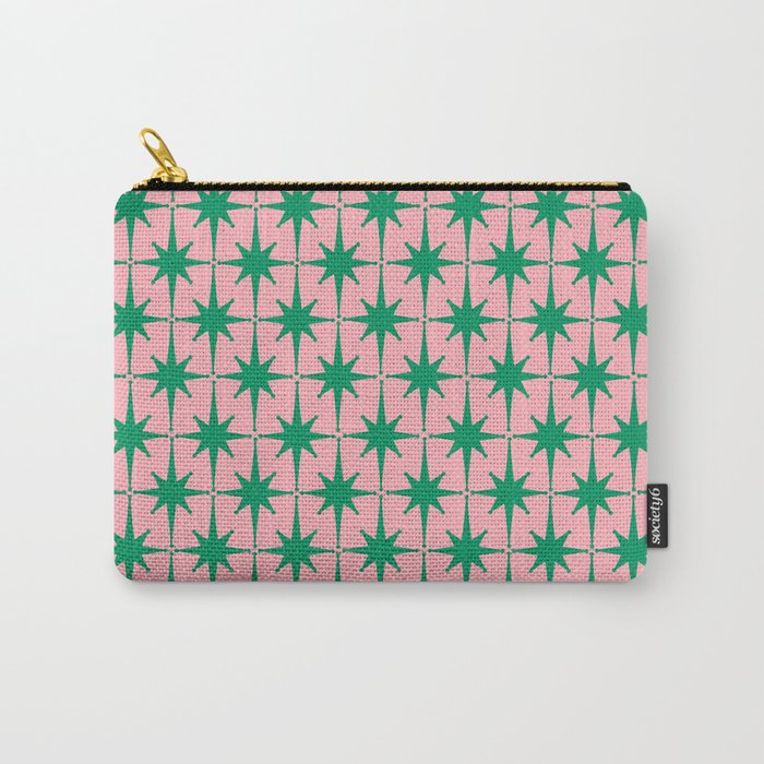 Midcentury Modern Atomic Age Starburst Pattern in Christmas Green and Pink Carry All Pouch Gallery Image 1