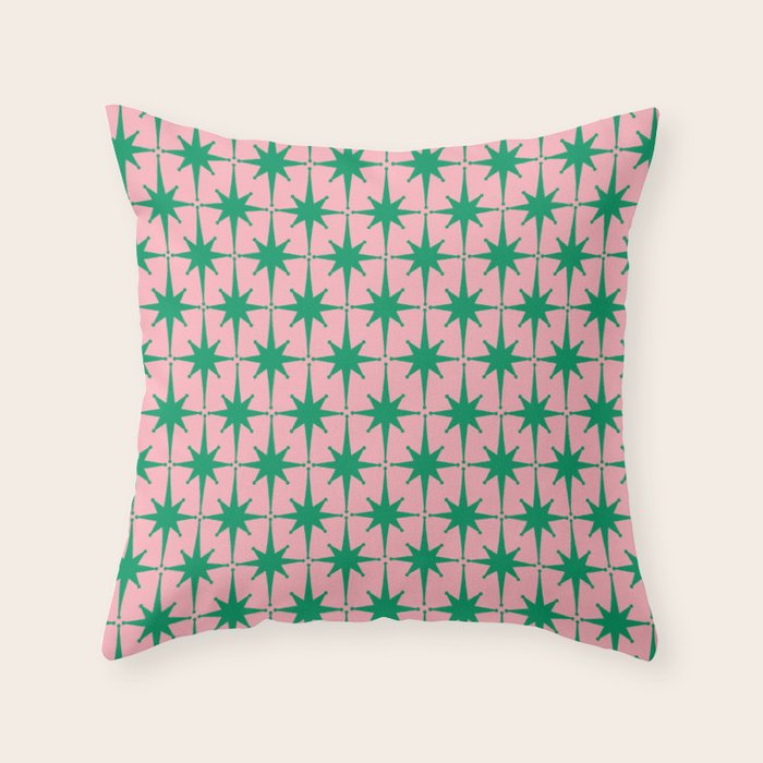 Midcentury Modern Atomic Age Starburst Pattern in Christmas Green and Pink Throw Pillow Gallery Image 6