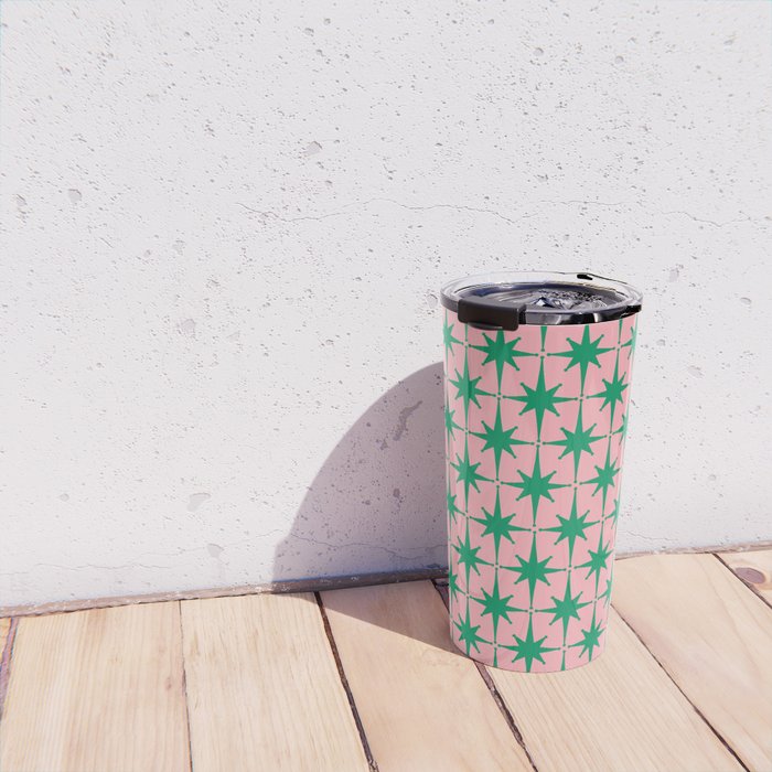 Midcentury Modern Atomic Age Starburst Pattern in Christmas Green and Pink Travel Mug Gallery Image 4