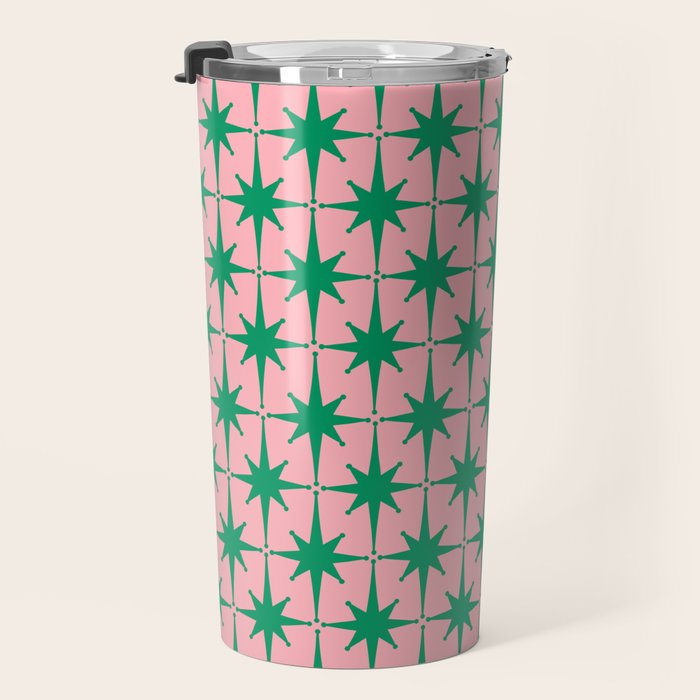 Midcentury Modern Atomic Age Starburst Pattern in Christmas Green and Pink Travel Mug Gallery Image 3
