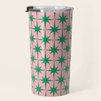 Midcentury Modern Atomic Age Starburst Pattern in Christmas Green and Pink Travel Mug Gallery Image 3