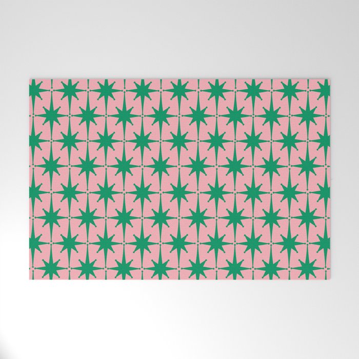 Midcentury Modern Atomic Age Starburst Pattern in Christmas Green and Pink Welcome Mat Gallery Image 1