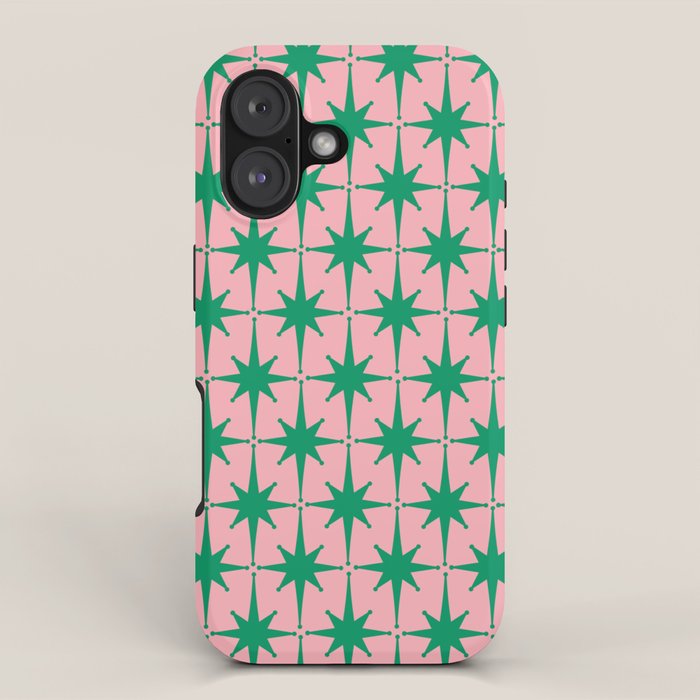 Midcentury Modern Atomic Age Starburst Pattern in Christmas Green and Pink iPhone Case Gallery Image 1