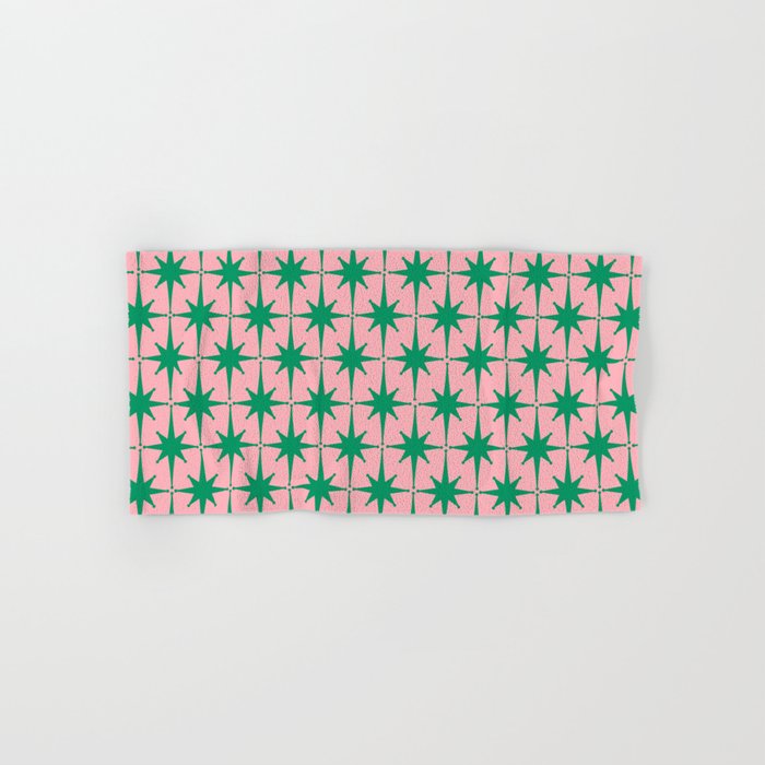 Midcentury Modern Atomic Age Starburst Pattern in Christmas Green and Pink Bath Towel Gallery Image 1