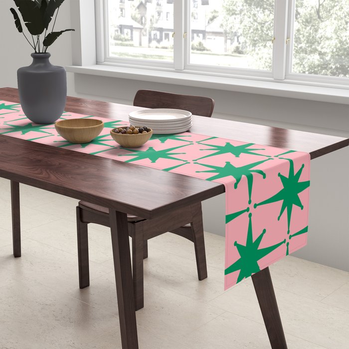 Midcentury Modern Atomic Age Starburst Pattern in Christmas Green and Pink Table Runner Gallery Image 2