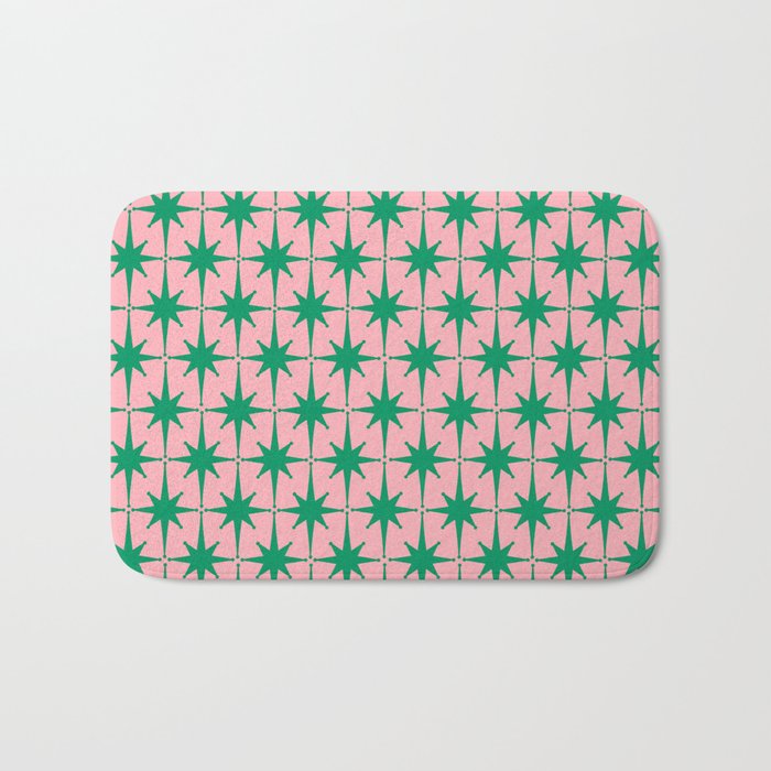 Midcentury Modern Atomic Age Starburst Pattern in Christmas Green and Pink Bath Mat Gallery Image 1