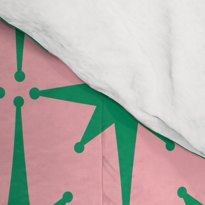 Midcentury Modern Atomic Age Starburst Pattern in Christmas Green and Pink Comforter Gallery Image 4