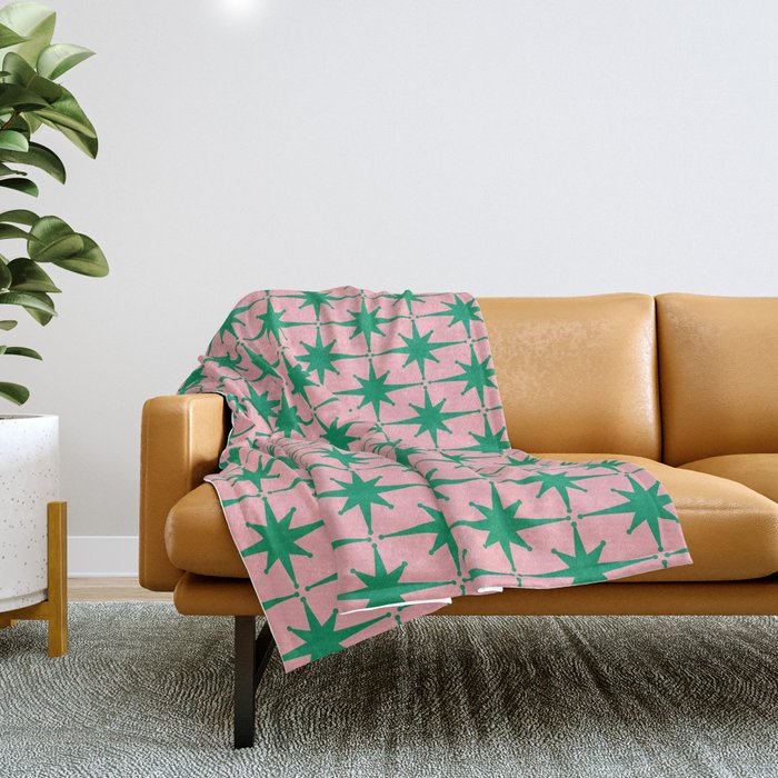 Midcentury Modern Atomic Age Starburst Pattern in Christmas Green and Pink Throw Blanket Gallery Image 1