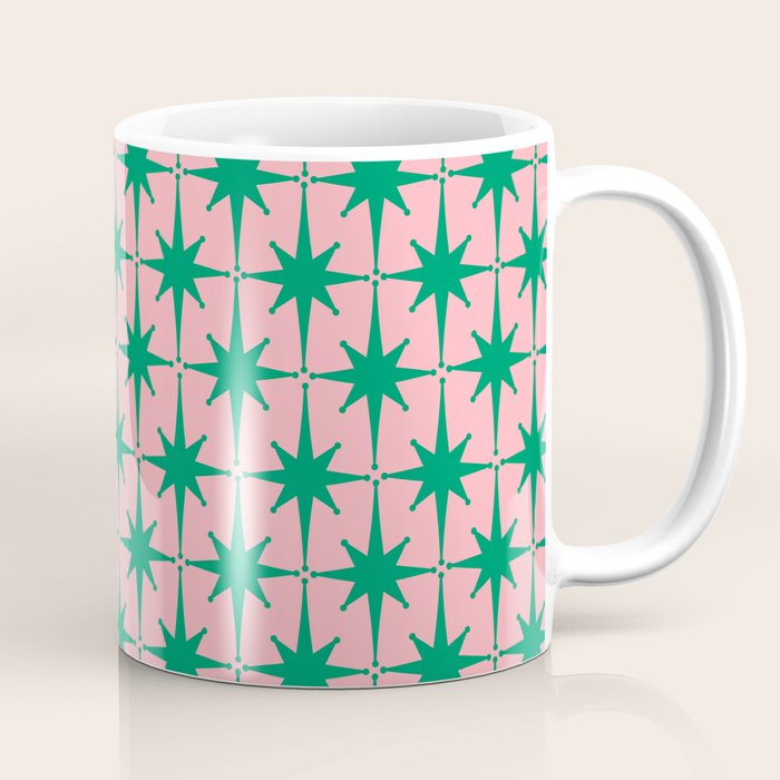 Midcentury Modern Atomic Age Starburst Pattern in Christmas Green and Pink Coffee Mug Gallery Image 1