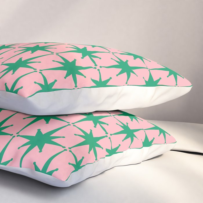 Midcentury Modern Atomic Age Starburst Pattern in Christmas Green and Pink Pillow Sham Gallery Image 3