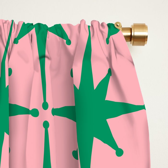 Midcentury Modern Atomic Age Starburst Pattern in Christmas Green and Pink Window Curtain Gallery Image 2