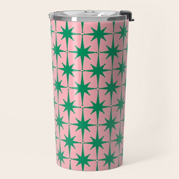 Midcentury Modern Atomic Age Starburst Pattern in Christmas Green and Pink Travel Mug Gallery Image 2