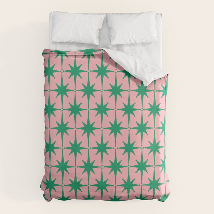 Midcentury Modern Atomic Age Starburst Pattern in Christmas Green and Pink Duvet Cover Gallery Image 6