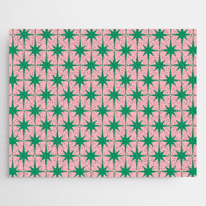 Midcentury Modern Atomic Age Starburst Pattern in Christmas Green and Pink Jigsaw Puzzle Gallery Image 1