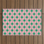 Midcentury Modern Atomic Age Starburst Pattern in Christmas Green and Pink Outdoor Rug Gallery Image 1