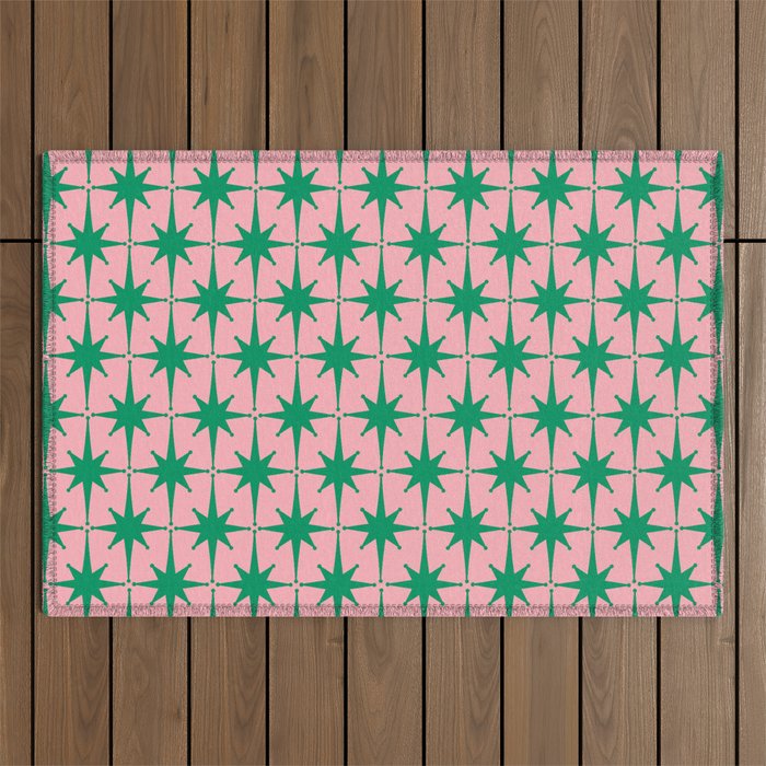 Midcentury Modern Atomic Age Starburst Pattern in Christmas Green and Pink Outdoor Rug Gallery Image 1