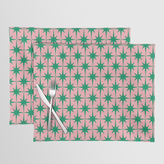 Midcentury Modern Atomic Age Starburst Pattern in Christmas Green and Pink Placemat Gallery Image 1