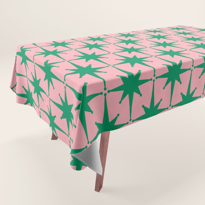 Midcentury Modern Atomic Age Starburst Pattern in Christmas Green and Pink Tablecloth Gallery Image 1