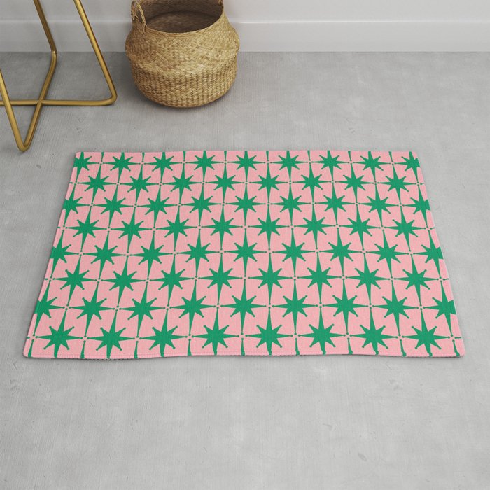 Midcentury Modern Atomic Age Starburst Pattern in Christmas Green and Pink Rug Gallery Image 1