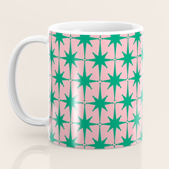 Midcentury Modern Atomic Age Starburst Pattern in Christmas Green and Pink Coffee Mug Gallery Image 3