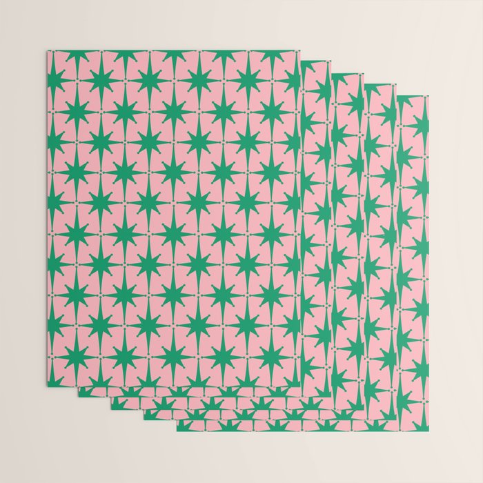 Midcentury Modern Atomic Age Starburst Pattern in Christmas Green and Pink Wrapping Paper Gallery Image 3