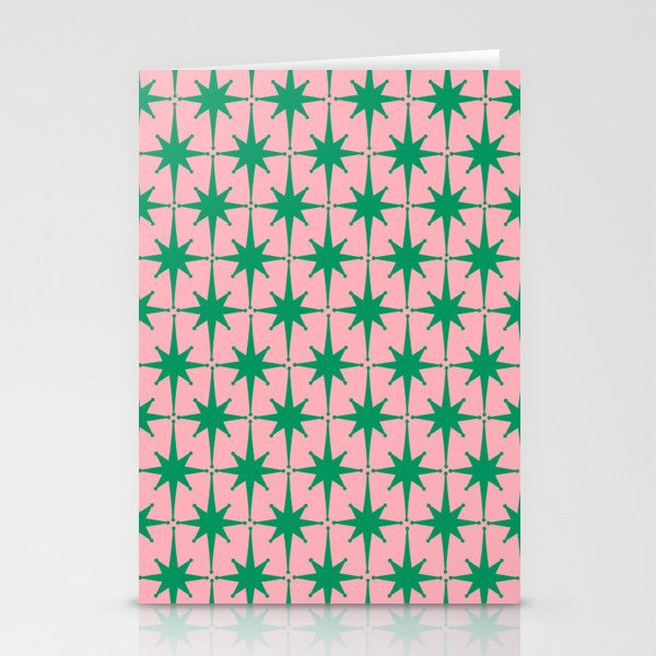 Midcentury Modern Atomic Age Starburst Pattern in Christmas Green and Pink Stationery Card Gallery Image 2