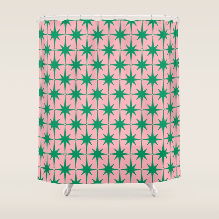 Midcentury Modern Atomic Age Starburst Pattern in Christmas Green and Pink Shower Curtain Gallery Image 1