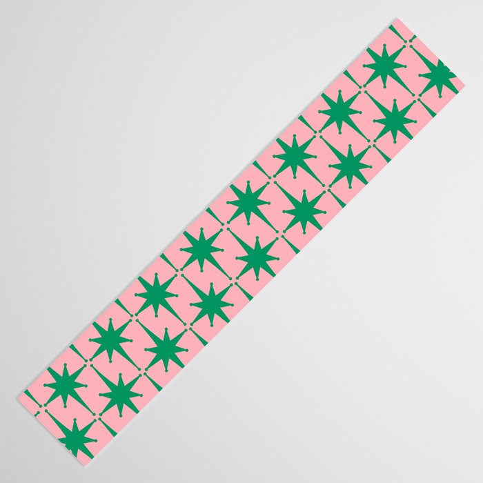 Midcentury Modern Atomic Age Starburst Pattern in Christmas Green and Pink Table Runner Gallery Image 3
