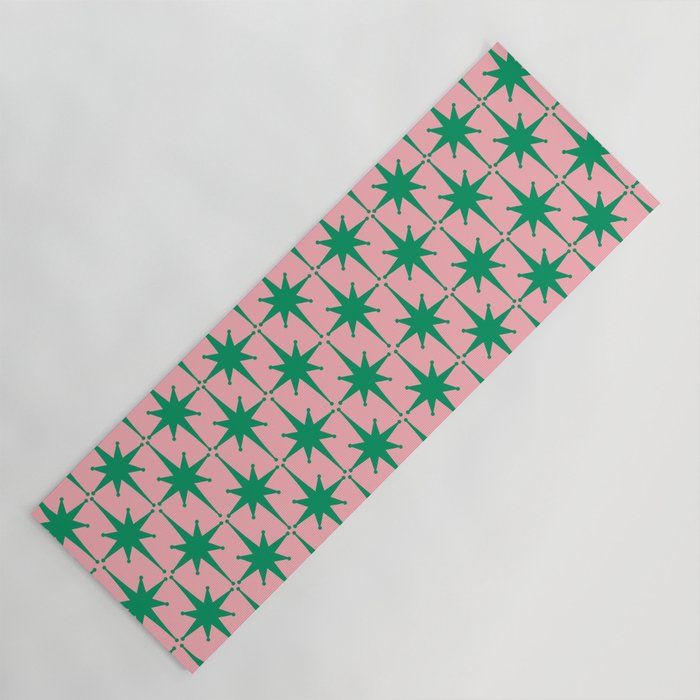 Midcentury Modern Atomic Age Starburst Pattern in Christmas Green and Pink Yoga Mat Gallery Image 1