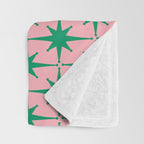 Midcentury Modern Atomic Age Starburst Pattern in Christmas Green and Pink Throw Blanket Gallery Image 3