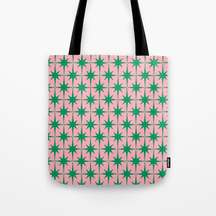 Midcentury Modern Atomic Age Starburst Pattern in Christmas Green and Pink Tote Bag Gallery Image 1