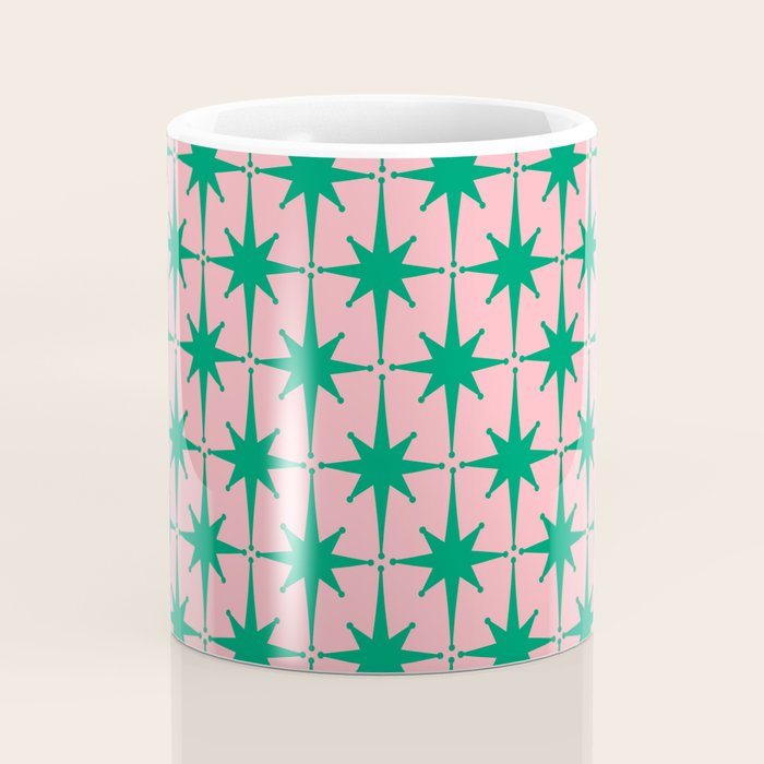 Midcentury Modern Atomic Age Starburst Pattern in Christmas Green and Pink Coffee Mug Gallery Image 4
