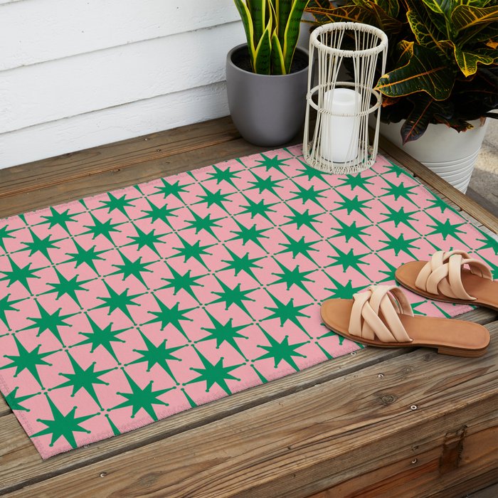 Midcentury Modern Atomic Age Starburst Pattern in Christmas Green and Pink Outdoor Rug Gallery Image 2