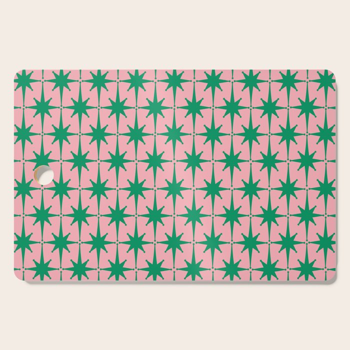 Midcentury Modern Atomic Age Starburst Pattern in Christmas Green and Pink Cutting Board Gallery Image 1