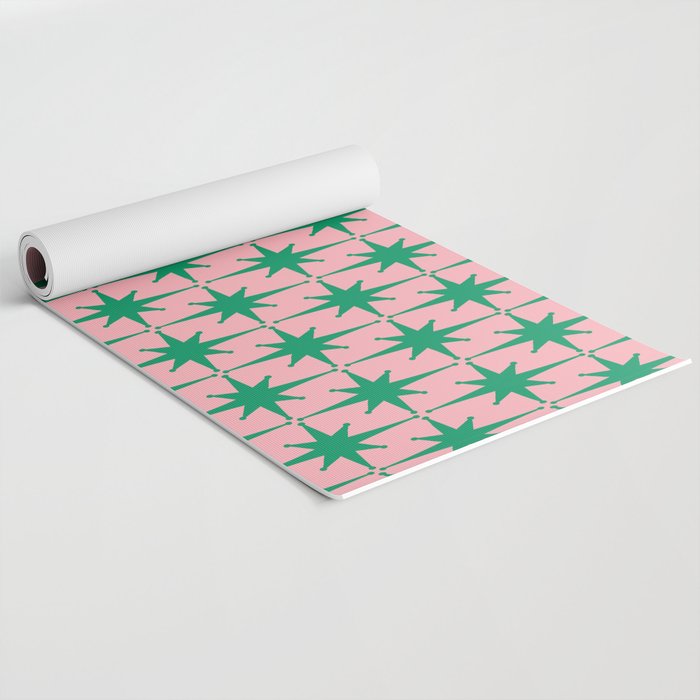 Midcentury Modern Atomic Age Starburst Pattern in Christmas Green and Pink Yoga Mat Gallery Image 2
