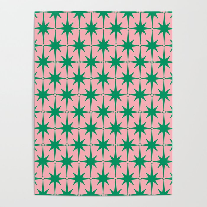 Midcentury Modern Atomic Age Starburst Pattern in Christmas Green and Pink Poster Gallery Image 1