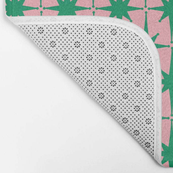 Midcentury Modern Atomic Age Starburst Pattern in Christmas Green and Pink Bath Mat Gallery Image 2