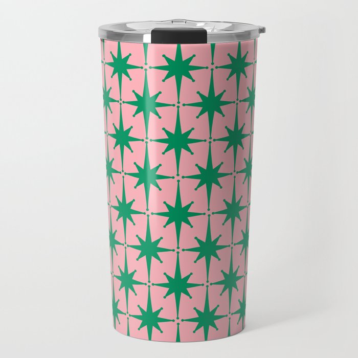 Midcentury Modern Atomic Age Starburst Pattern in Christmas Green and Pink Travel Mug Gallery Image 1