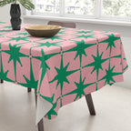 Midcentury Modern Atomic Age Starburst Pattern in Christmas Green and Pink Tablecloth Gallery Image 3
