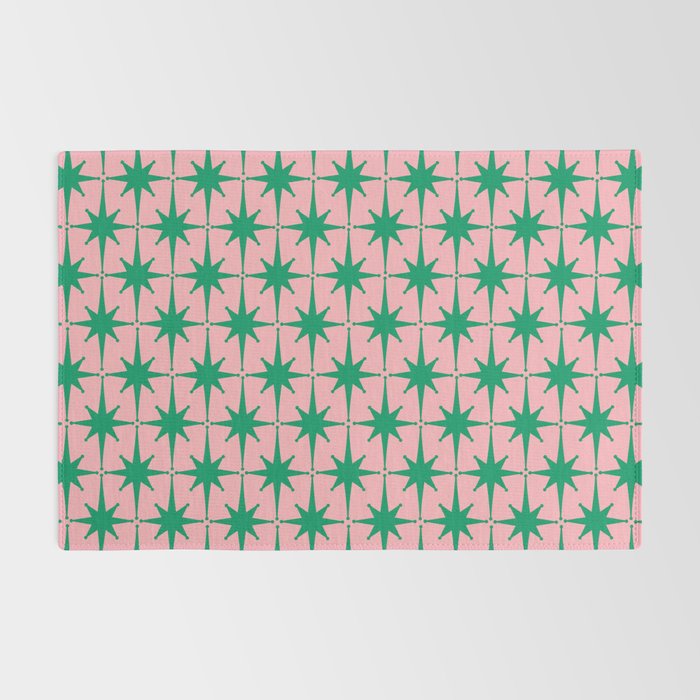 Midcentury Modern Atomic Age Starburst Pattern in Christmas Green and Pink Rug Gallery Image 2