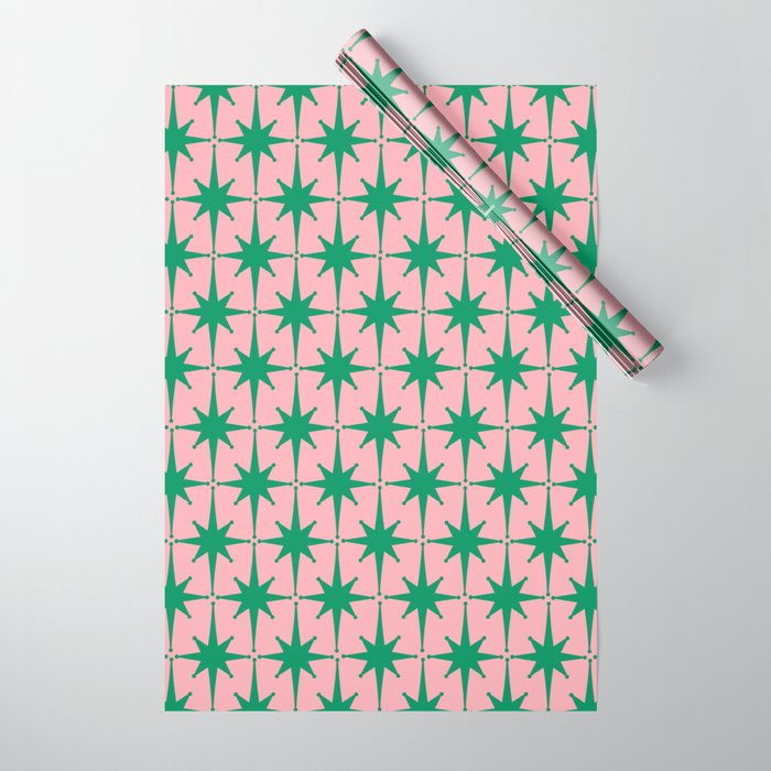 Midcentury Modern Atomic Age Starburst Pattern in Christmas Green and Pink Wrapping Paper Gallery Image 1