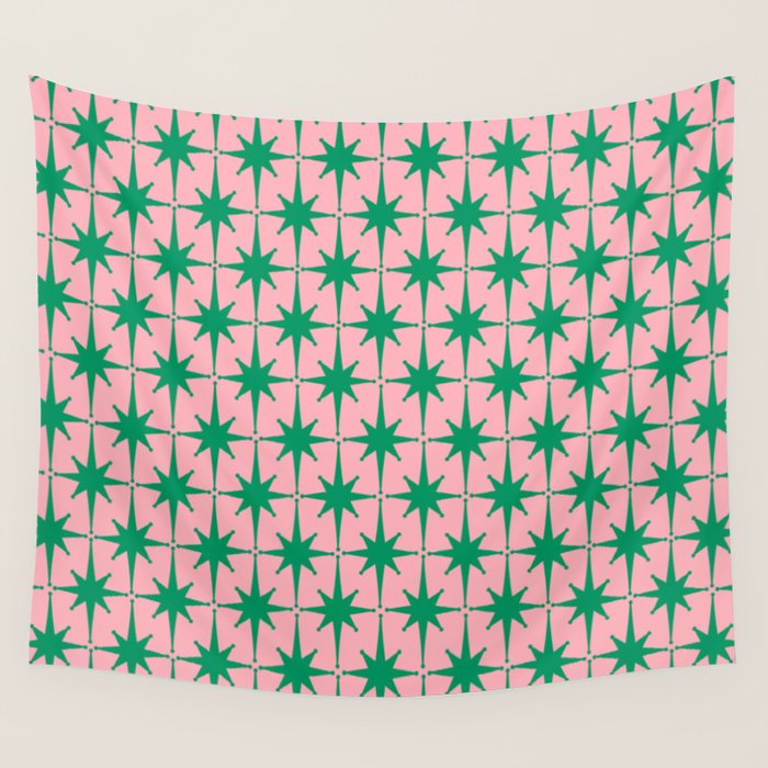 Midcentury Modern Atomic Age Starburst Pattern in Christmas Green and Pink Wall Tapestry Gallery Image 4